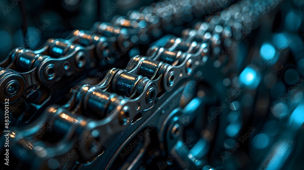 Detailed close-up of bicycle chain and gears, high contrast mechanical parts, industrial photography, shallow depth of field, metallic textures, precision engineering, bike mechanics.