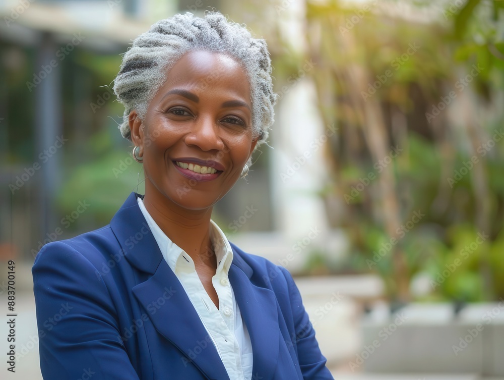 portrait of confident senior black woman in professional blue suit warm smile representing diversity in leadership portrait of confident senior black woman in professional blue suit warm smile representing diversity in leadership