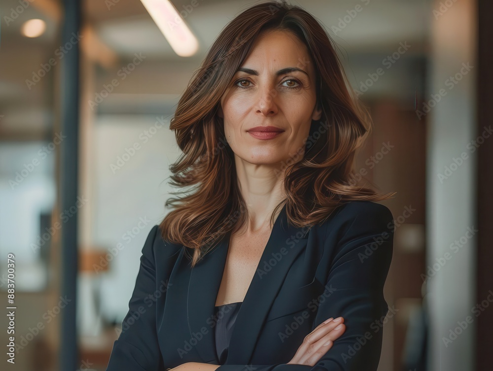 professional turkish businesswoman in her 40s with confident pose modern office setting warm tones complementing her brown hair and business attire