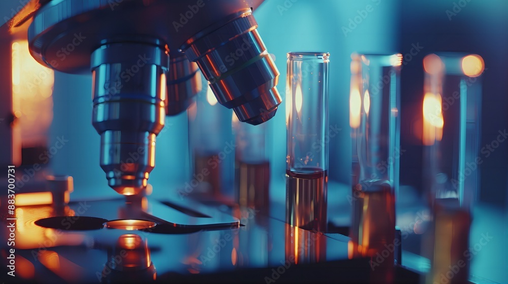 Filling test tubes with liquid in the foreground, while in the background is an out-of-focus microscope and lab coat. Blue tones for science equipment contrast with orange or yellow accents to represe Filling test tubes with liquid in the foreground, while in the background is an out-of-focus microscope and lab coat. Blue tones for science equipment contrast with orange or yellow accents to represe