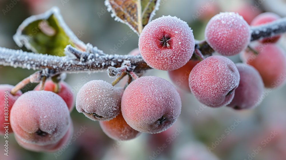 Frostberry: Berries that are perpetually covered in a delicate layer of frost, even in warm weather, growing in an eternally frosty orchard. Keywords: frosty, perpetual, delicate, Frostberry: Berries that are perpetually covered in a delicate layer of frost, even in warm weather, growing in an eternally frosty orchard. Keywords: frosty, perpetual, delicate,