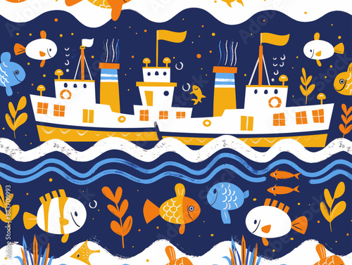 Colorful Nautical Pattern with Ships and Fish for Children's Art and Playful Decor