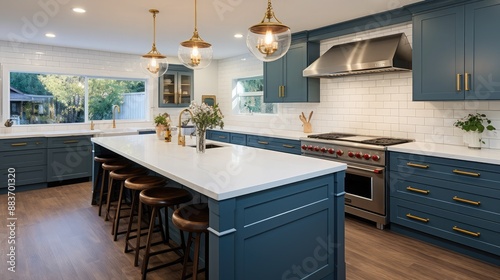 Wide view of newly remodeled kitchen with white tile and painted blue cabinets