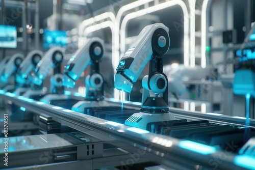 Wallpaper Mural futuristic robotic assembly line in a hightech factory sleek robotic arms precisely manipulating components on a conveyor belt holographic displays and laser guidance systems Torontodigital.ca