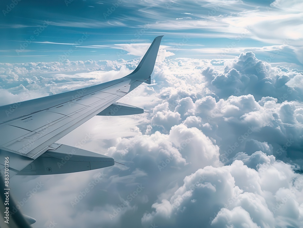 serene aerial view of fluffy white clouds from an airplane window with a glimpse of the aircrafts wing creating a dreamy and peaceful atmosphere above the world serene aerial view of fluffy white clouds from an airplane window with a glimpse of the aircrafts wing creating a dreamy and peaceful atmosphere above the world