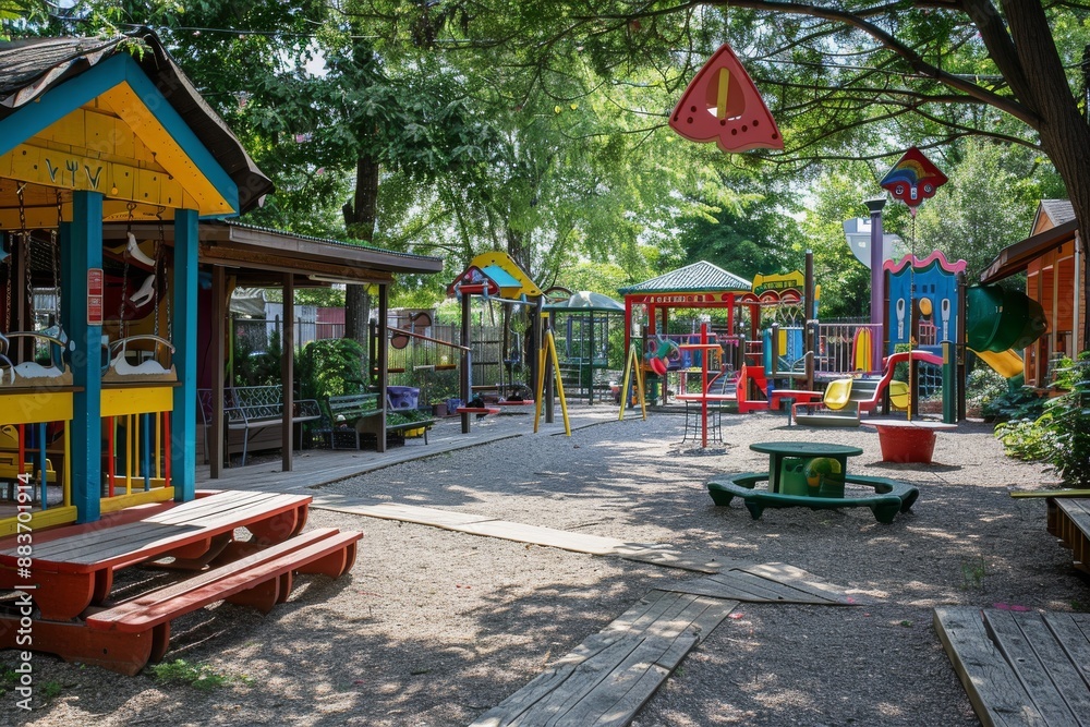 Colorful Playground in a Shady Backyard Colorful Playground in a Shady Backyard