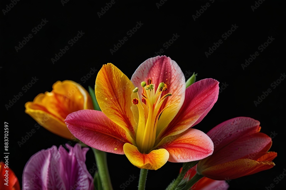 Fototapeta premium A colorful flower is displayed on a black background