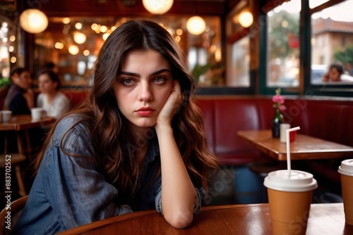 Sad beautiful girl, frustrated and upset, sitting in a cafe, sulking and frowning disappointed 