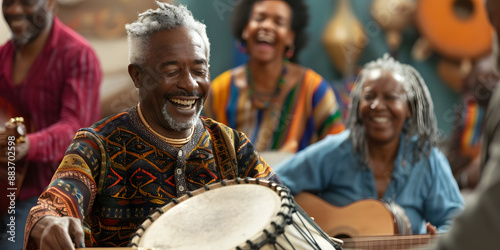 Um grupo de pessoas diversas tocando instrumentos musicais juntos