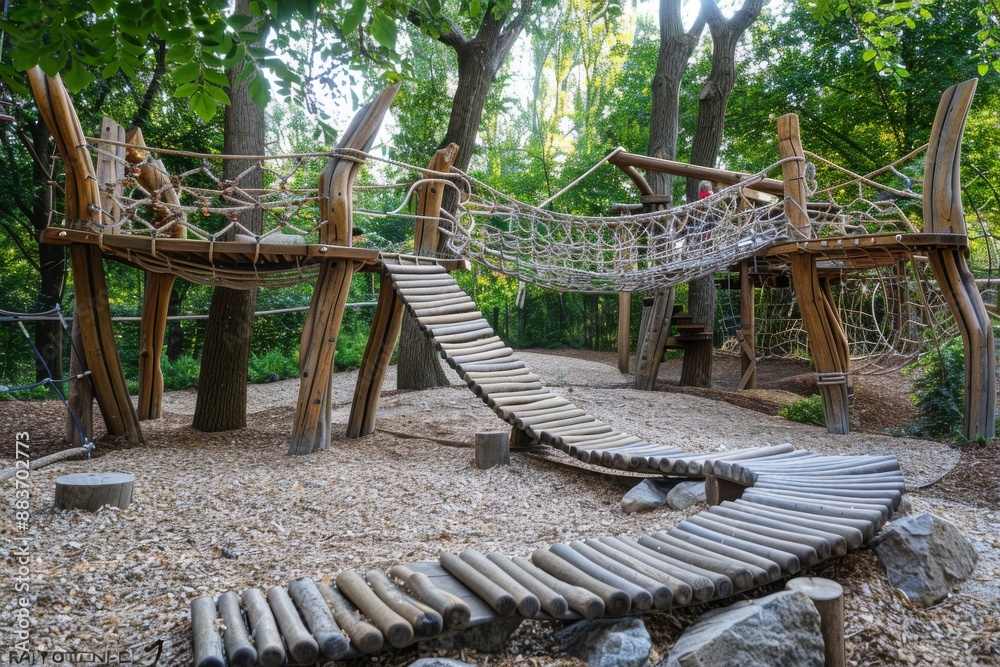 Wooden Playground Structure in a Forest Setting Wooden Playground Structure in a Forest Setting