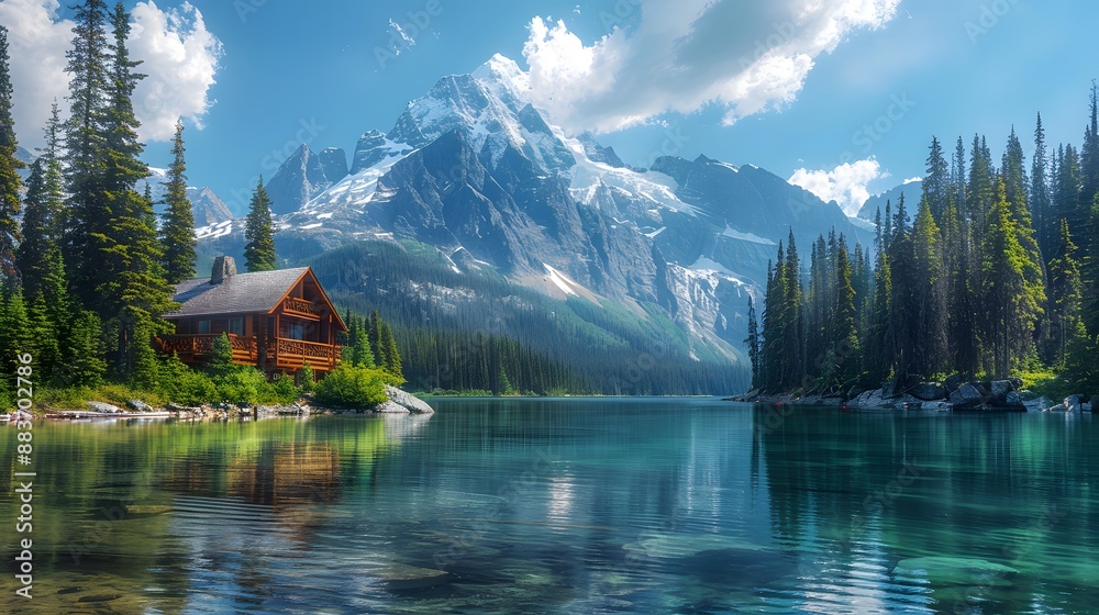 Naklejka premium Majestic snow-capped mountain peak towering over a pristine alpine lake. The crystal-clear water mirrors the rugged landscape and vibrant blue sky.