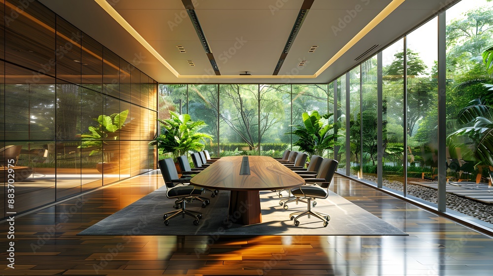 Modern executive boardroom, floor-to-ceiling glass walls, lush green ...