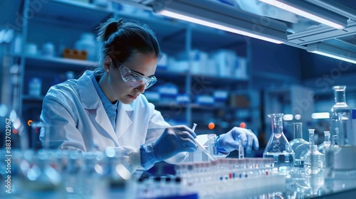 A clinical researcher working with samples and data in a hightech medical research facility photo