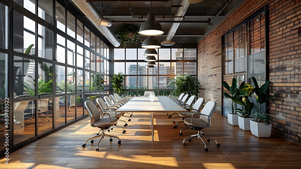 Modern open-plan office, glass-walled conference room, industrial chic design, exposed brick walls, wooden flooring, sleek white office chairs, contemporary long meeting table. Modern open-plan office, glass-walled conference room, industrial chic design, exposed brick walls, wooden flooring, sleek white office chairs, contemporary long meeting table.