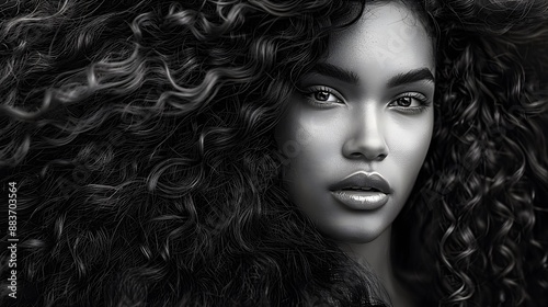 Vogue style close-up portrait of beautiful woman with long curly. 