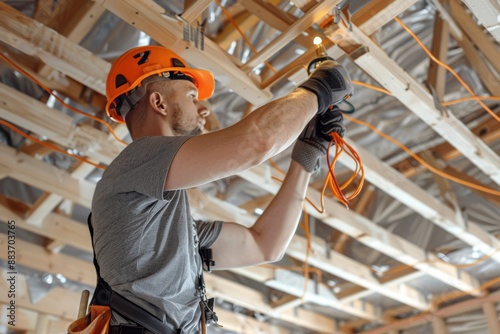 Electrician Installing Wires in a New Construction