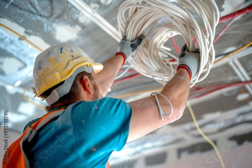 Electrician Installing Cables on a Construction Site
