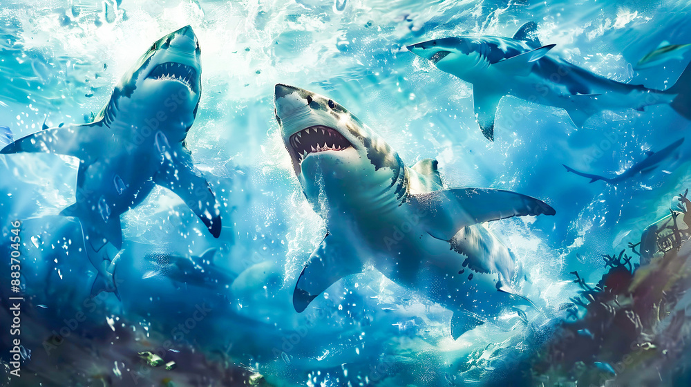 Fototapeta premium Fierce shark predators aggressively chasing and attacking a seal prey in a dramatic chaotic underwater scene filled with crashing waves bubbles and the powerful movements of the marine animals