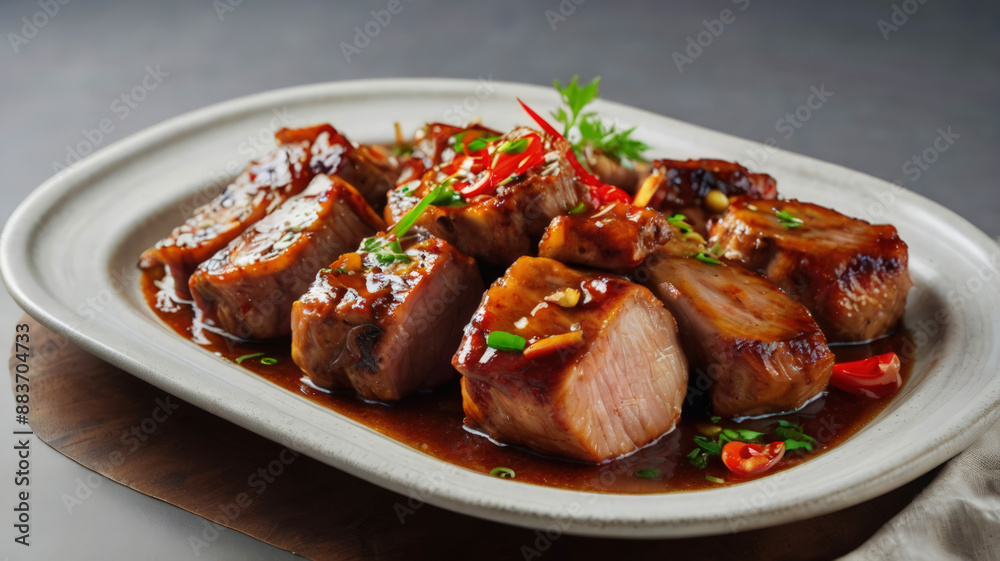 Twice cooked pork. Double cooked pork. On a white tray. Grey background. Twice cooked pork. Double cooked pork. On a white tray. Grey background.