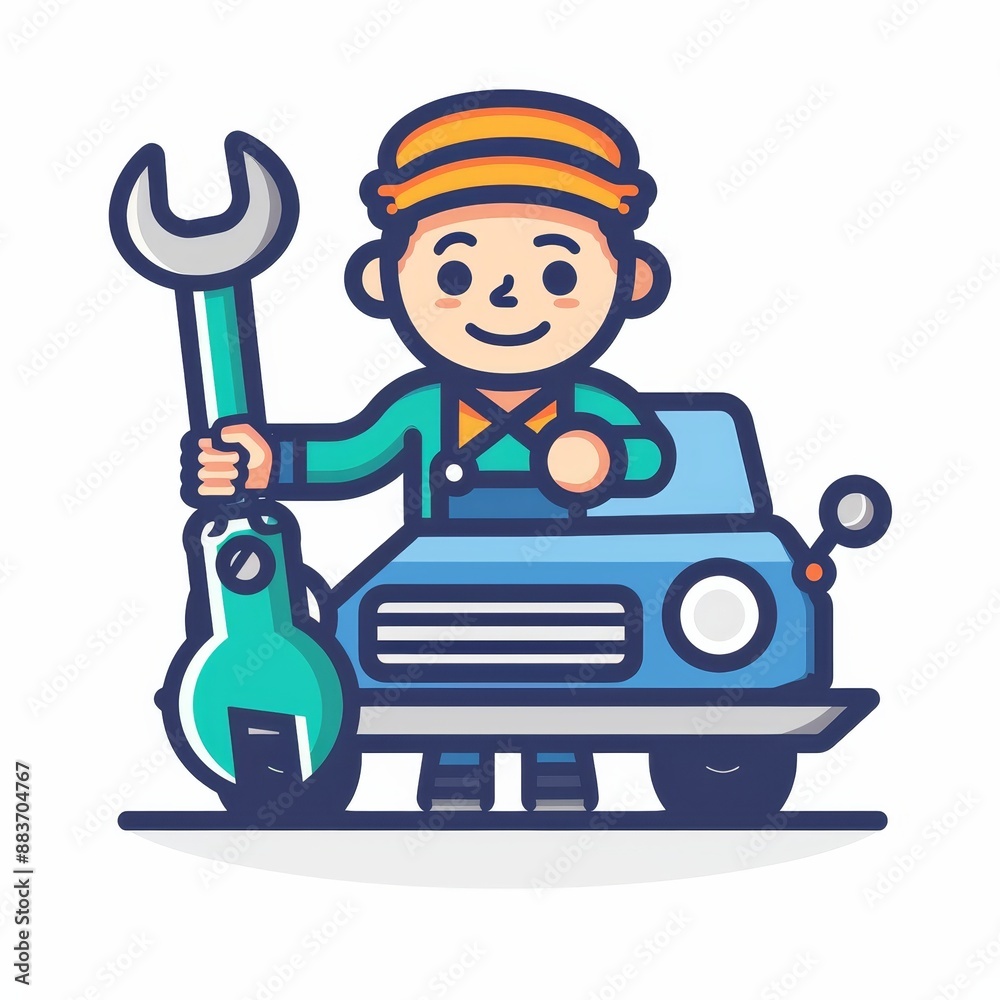 A man is holding a wrench and smiling in front of a blue car A man is holding a wrench and smiling in front of a blue car