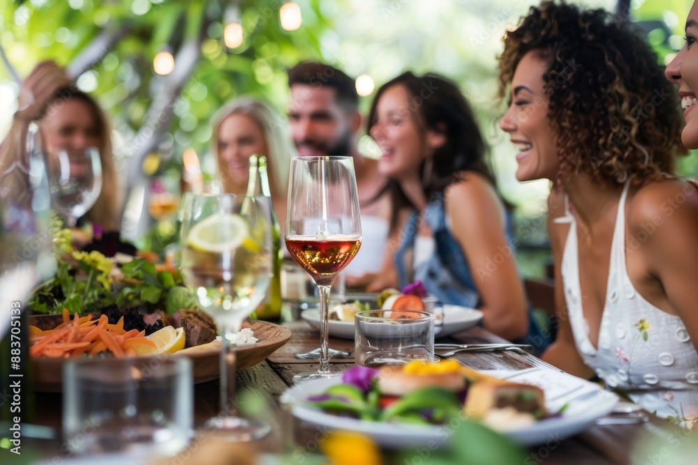 Friends Enjoying a Meal and Conversation at a Garden Table Friends Enjoying a Meal and Conversation at a Garden Table
