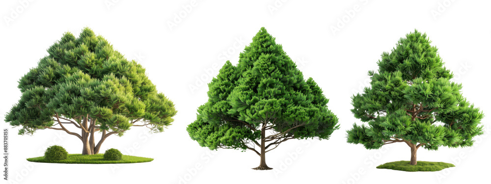Fototapeta premium Three lush green trees isolated on a white background, showcasing diverse shapes and sizes, ideal for nature and environment themes.