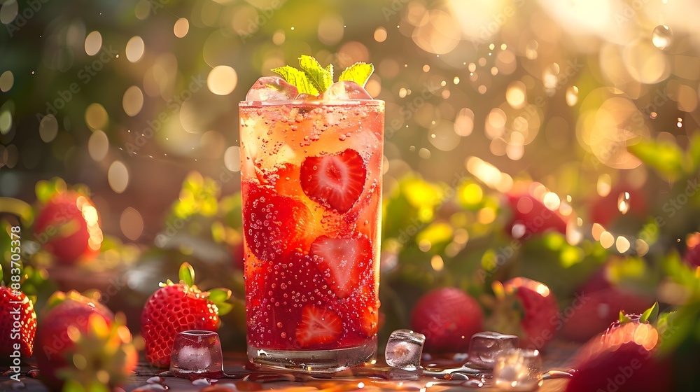 Refreshing strawberry lemonade, summer drink photography, golden hour lighting, bokeh effect, fresh strawberries scattered, glass with ice cubes, pink straw, wooden table surface. Refreshing strawberry lemonade, summer drink photography, golden hour lighting, bokeh effect, fresh strawberries scattered, glass with ice cubes, pink straw, wooden table surface.
