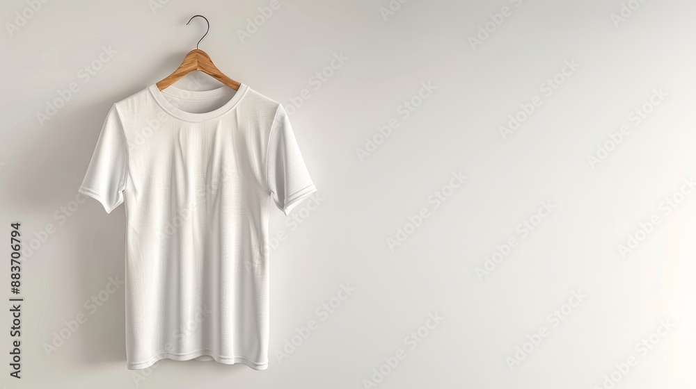 Minimalistic White T-Shirt Hanging on Wooden Hanger in Bright Room Minimalistic White T-Shirt Hanging on Wooden Hanger in Bright Room