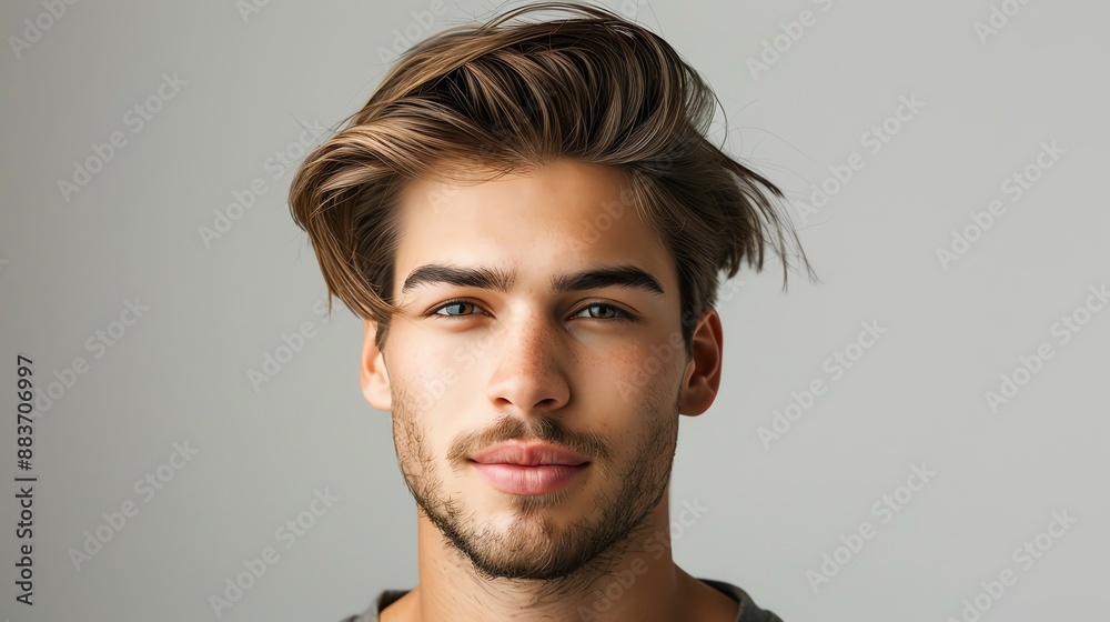 Obraz premium A man with brown hair and a beard looks directly at the camera.