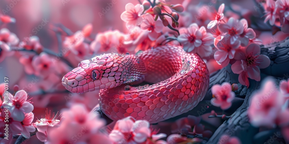 Vibrant Pink Snake Coiled Amidst Blooming Cherry Blossoms in Serene Natural Setting Vibrant Pink Snake Coiled Amidst Blooming Cherry Blossoms in Serene Natural Setting