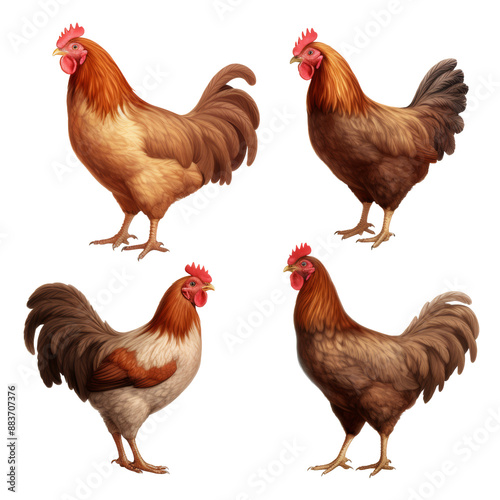 chickens and a rooster in different angles. Isolated on a transparent background.