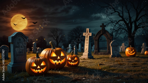 Halloween Backdrop featuring Jack O' Lanterns in a Spooky Graveyard Night