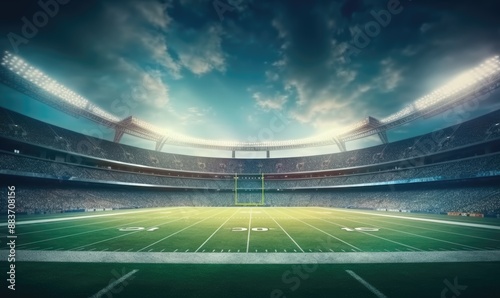 Empty American Football or Baseball Stadium Goalposts Under Night Sky. Wide Angle Panoramic Sports Arena illuminated Outdoor Sport Banner or Poster Design