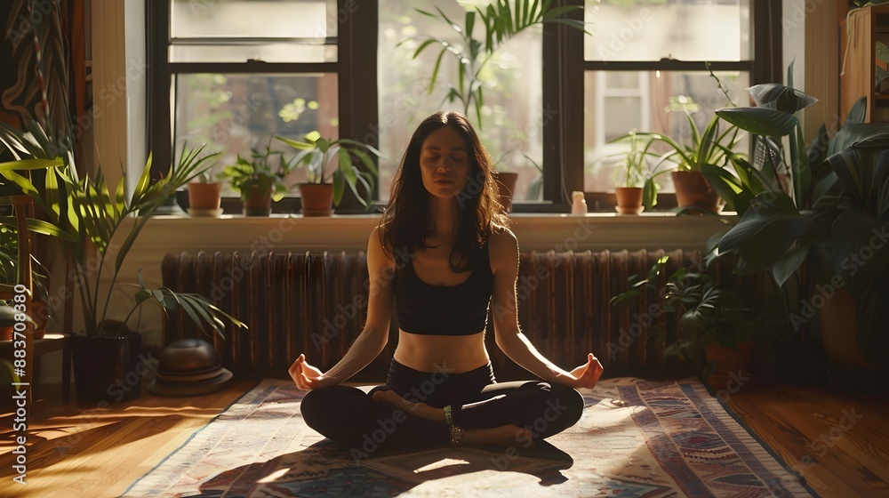 Adult woman practising yoga at home. Adult woman practising yoga at home.