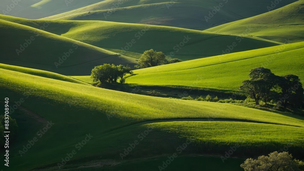 Fototapeta premium A lush green valley surrounded by rolling hills, perfect for serene getaways and nature retreats