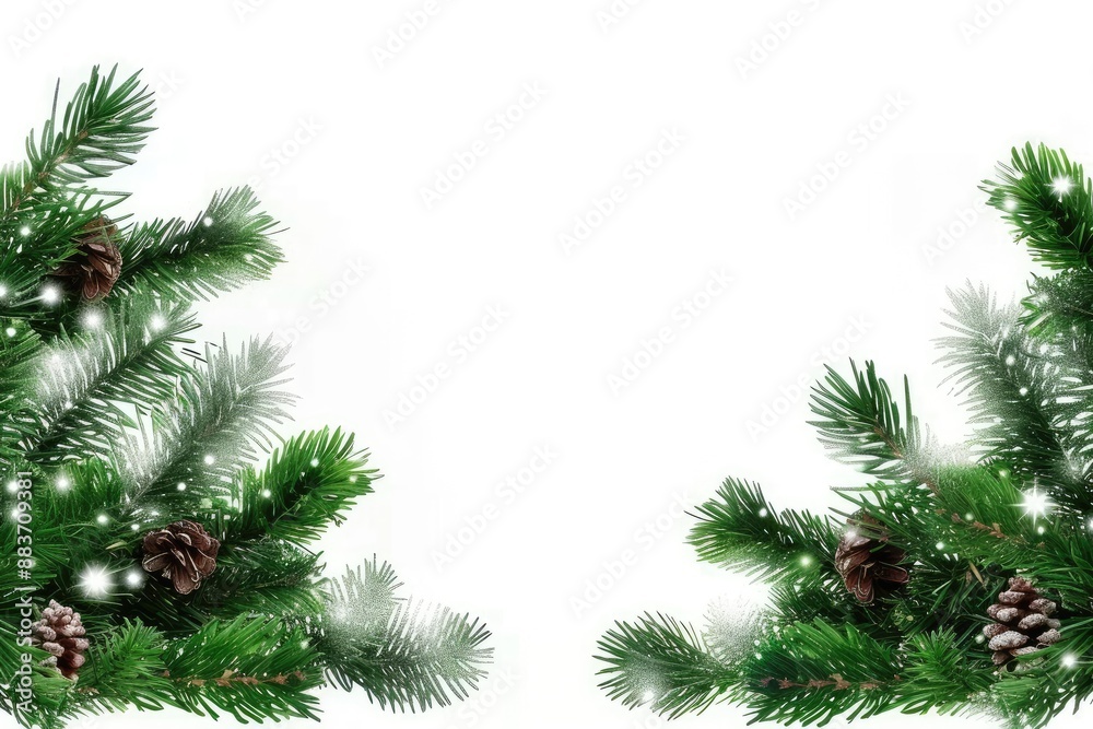 Christmas Border with Green Tree Branches, Pine Cones, and Snowflakes. Top View Copy Space on White Background.