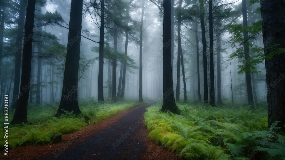 Obraz premium Misty morning in a mystical forest, enchanting and serene, evoking peace and tranquility