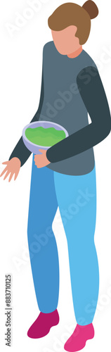 Young woman is holding a bowl with a green substance, possibly a healthy salad or a less appetizing concoction