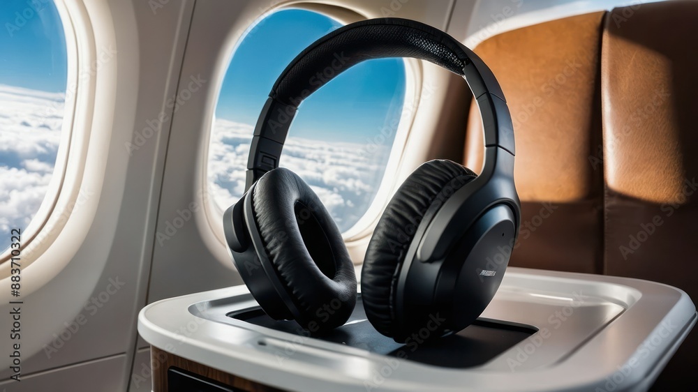 Noisecancelling headphones on an airplane tray table, offering in flight comfort and serenity