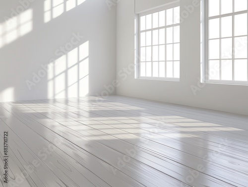 Sunlit empty room, bright white walls, large grid windows, wooden floor, serene and minimalist ambiance