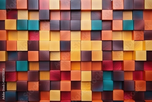Colorful Wooden Blocks Cubes Abstract Gradient Background. 3D Textured Wood Wall Banner Illustration Wallpaper