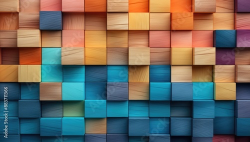 Colorful Wooden Blocks Cubes Abstract Gradient Background. 3D Textured Wood Wall Banner Illustration Wallpaper