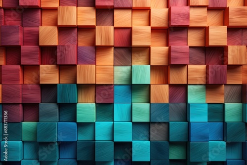 Colorful Wooden Blocks Cubes Abstract Gradient Background. 3D Textured Wood Wall Banner Illustration Wallpaper