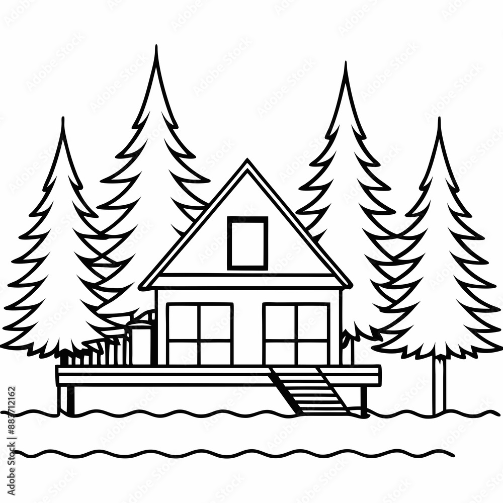 A cabin surrounded by pine trees, on the edge of a lake,a pier with boat, vector line art illustration A cabin surrounded by pine trees, on the edge of a lake,a pier with boat, vector line art illustration