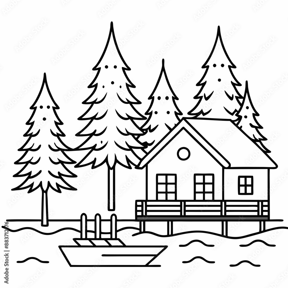 A cabin surrounded by pine trees, on the edge of a lake,a pier with boat, vector line art illustration A cabin surrounded by pine trees, on the edge of a lake,a pier with boat, vector line art illustration