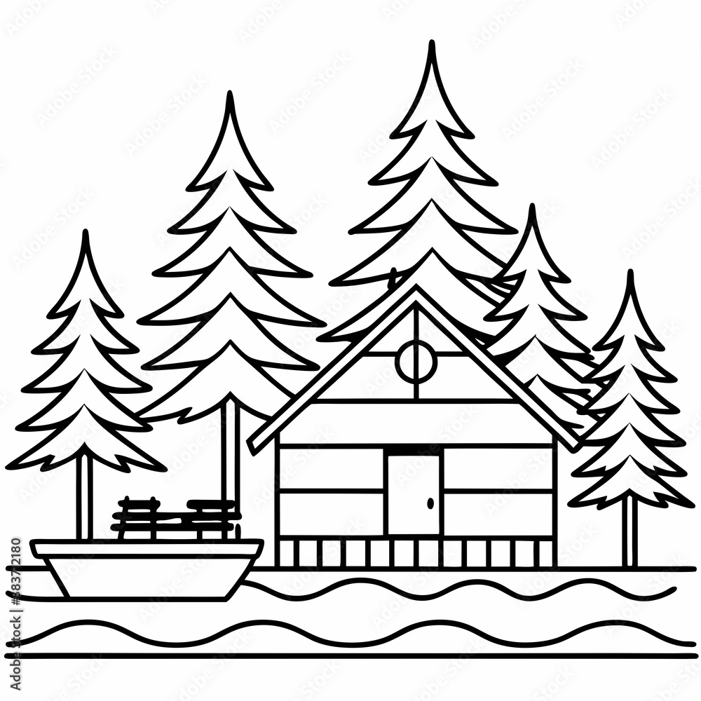 Obraz premium A cabin surrounded by pine trees, on the edge of a lake,a pier with boat, vector line art illustration