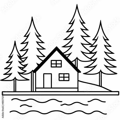A cabin surrounded by pine trees, on the edge of a lake,a pier with boat, vector line art illustration © bizboxdesigner