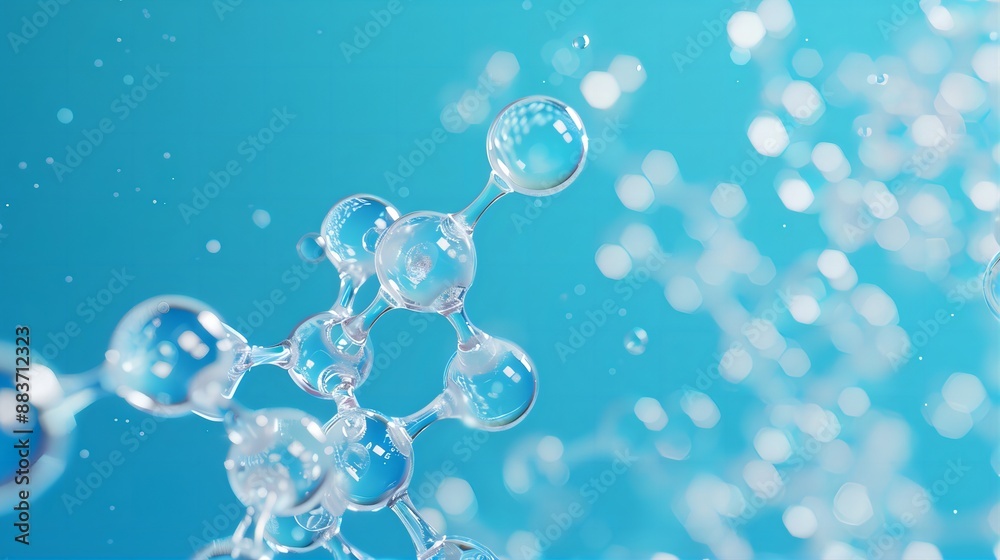 3d rendering of the chemical structure with molecules on blue background, macro view, close-up. 3d rendering of the chemical structure with molecules on blue background, macro view, close-up.