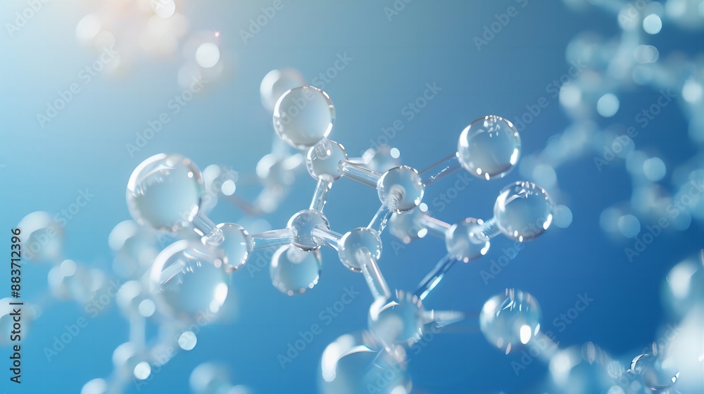 3d rendering of the chemical structure with molecules on blue background, macro view, close-up. 3d rendering of the chemical structure with molecules on blue background, macro view, close-up.