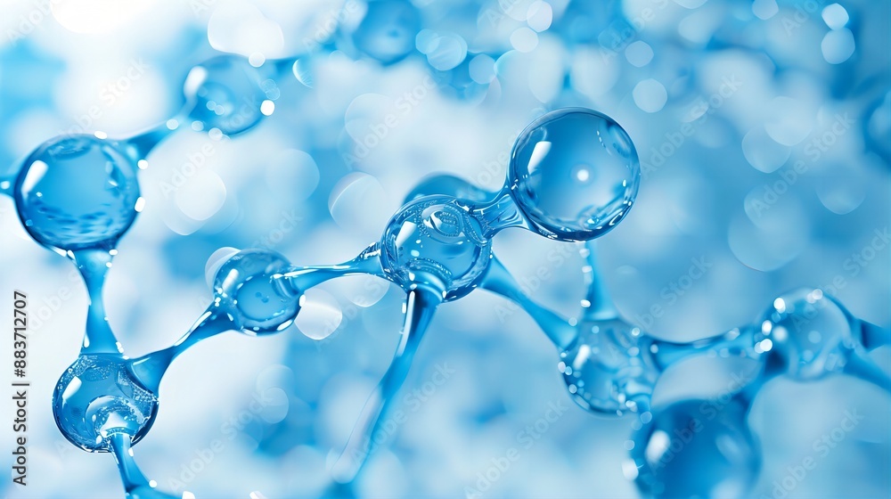 3d rendering of the chemical structure with molecules on blue background, macro view, close-up. 3d rendering of the chemical structure with molecules on blue background, macro view, close-up.